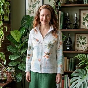 Jess & Jane S Botanical Dragonfly Eclectic Artsy Whimsical Zip Up Knit Sweater